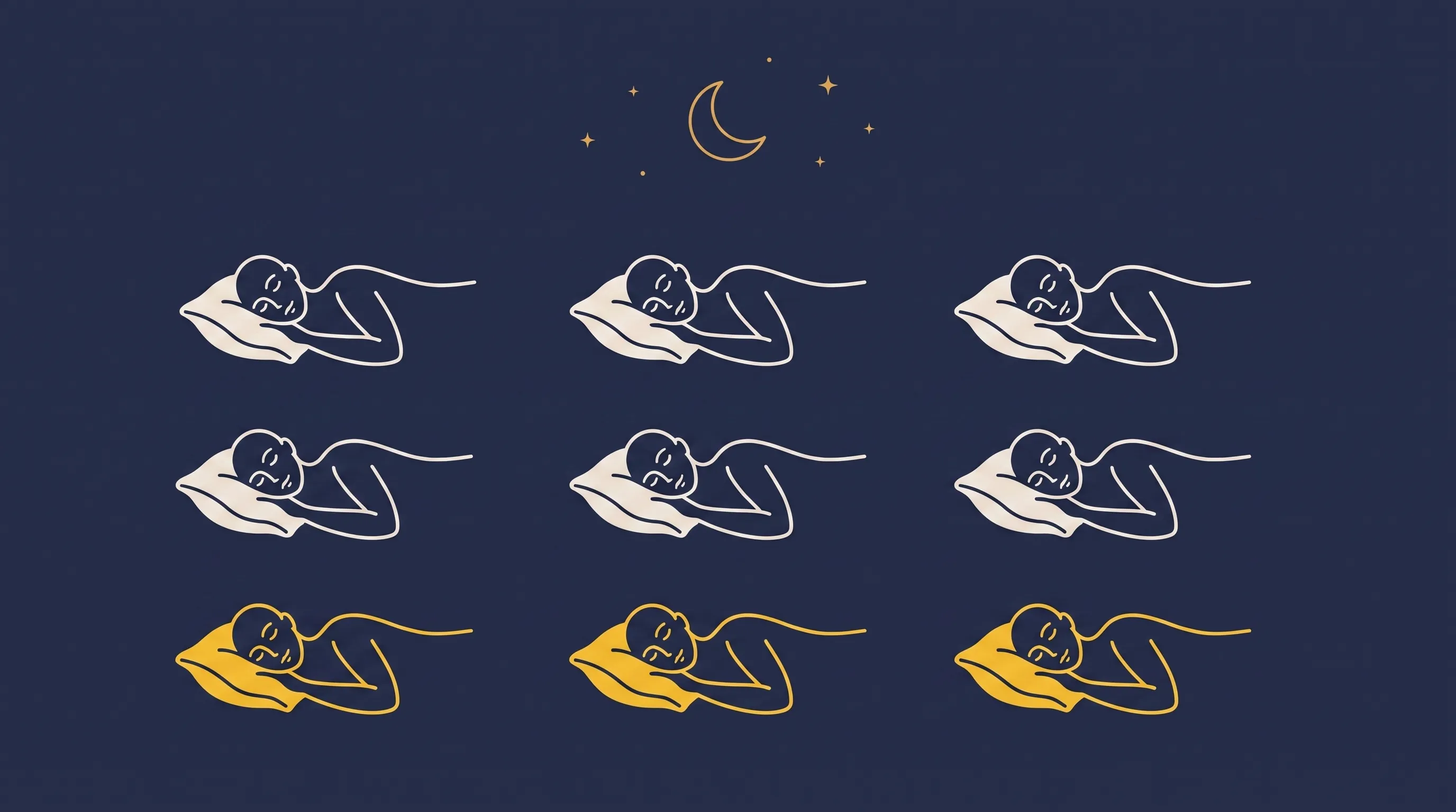 Ilustração de várias pessoas dormindo lado a lado, com parte delas destacada em dourado representando a parcela que tem apneia do sono