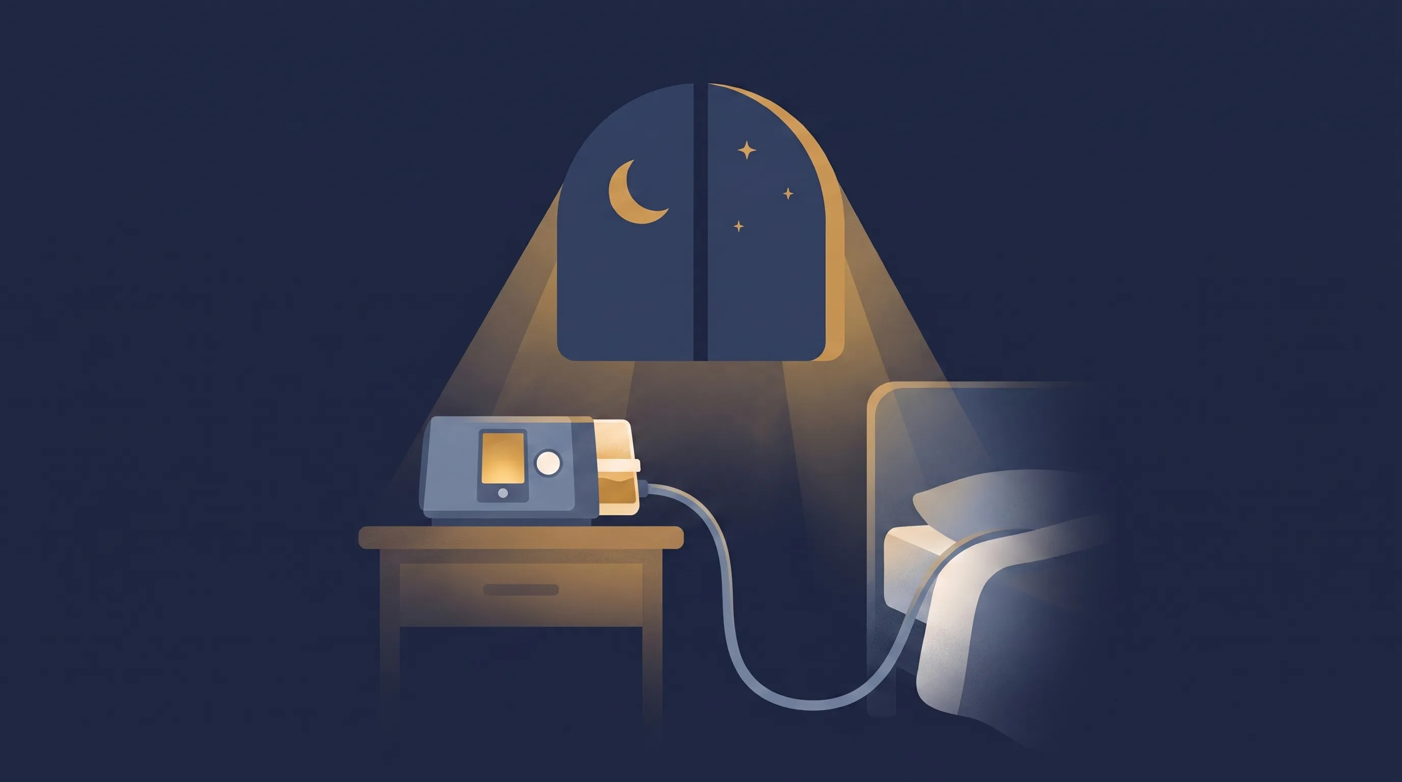 Ilustração de um aparelho de CPAP na mesa de cabeceira ao lado da cama, à noite