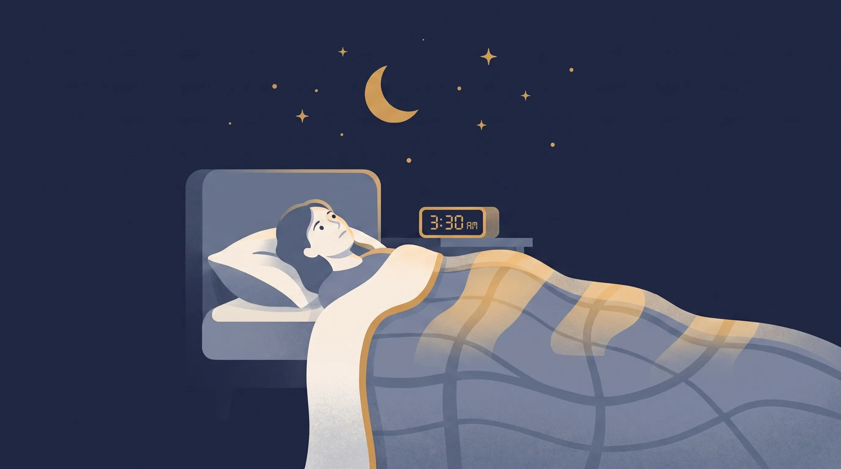 Ilustração de uma pessoa deitada acordada na cama olhando para a lua e as estrelas