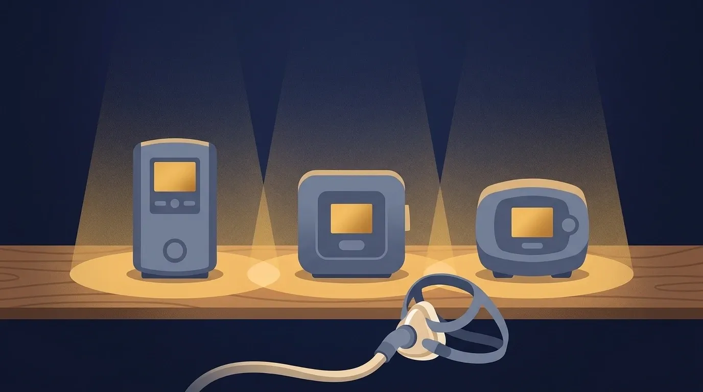 Ilustração de três aparelhos de CPAP diferentes lado a lado numa prateleira de madeira, cada um sob um foco de luz dourada, com uma máscara nasal em primeiro plano