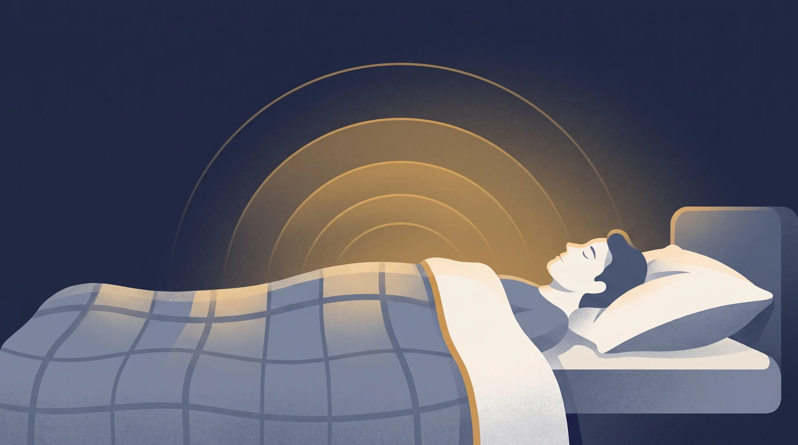 Ilustração de uma pessoa dormindo com ondas sonoras douradas subindo pelo quarto escuro
