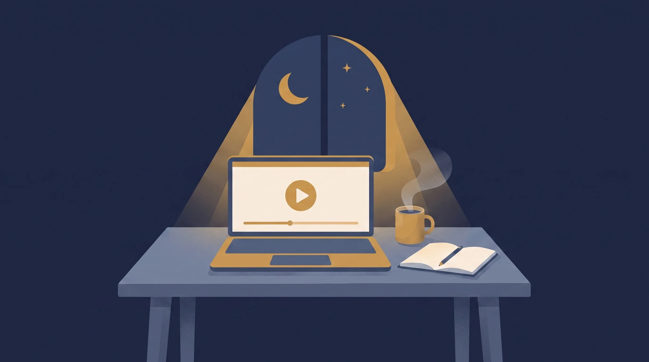 Ilustração de um notebook exibindo uma aula em vídeo, com caneca e caderno ao lado, à noite