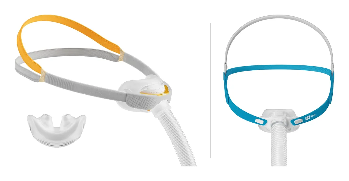 As duas máscaras da Fisher & Paykel lado a lado: à esquerda a Solo, pillow com o headgear amarelo e cinza, e à direita a Nova Micro, pillow com o headgear azul
