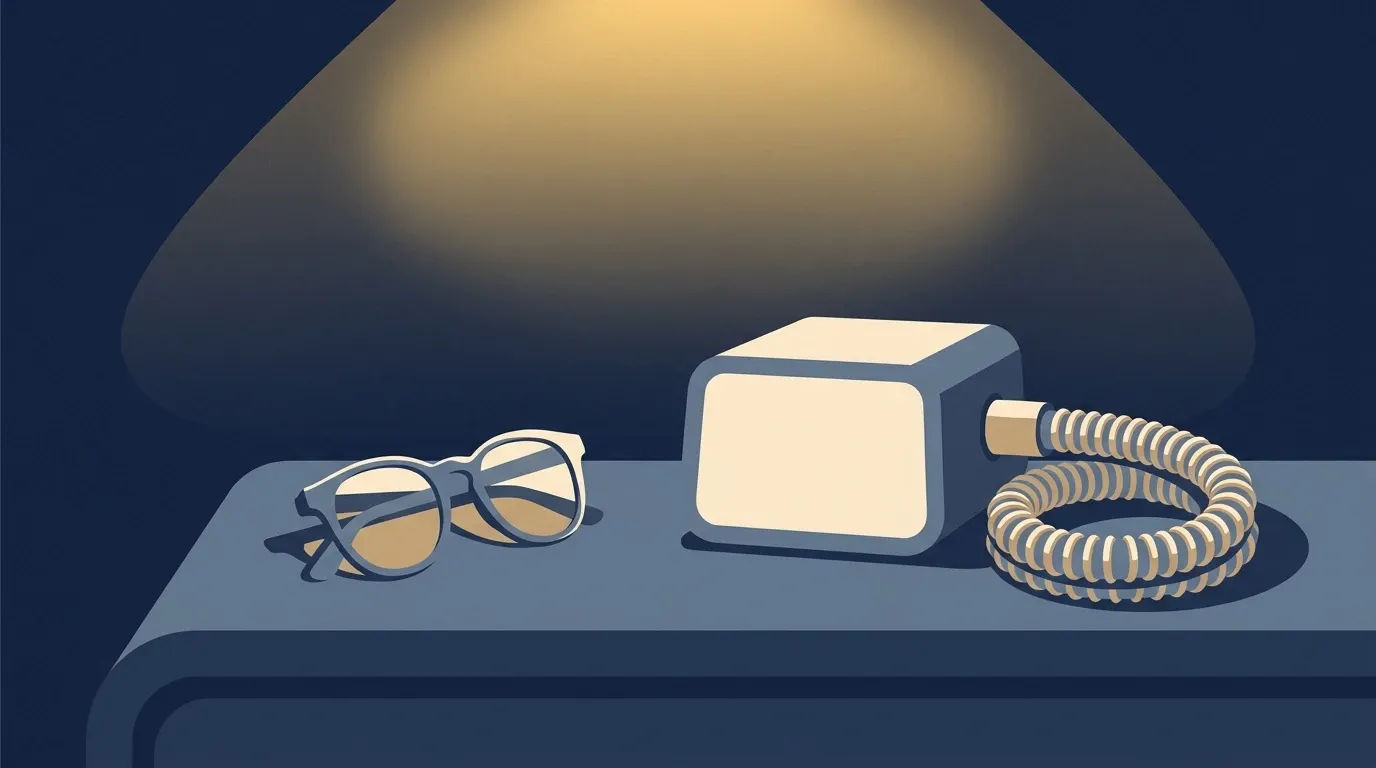 Ilustração de uma mesa de cabeceira à noite com um par de óculos e um aparelho de CPAP lado a lado, com a traqueia enrolada, sob a mesma luz dourada