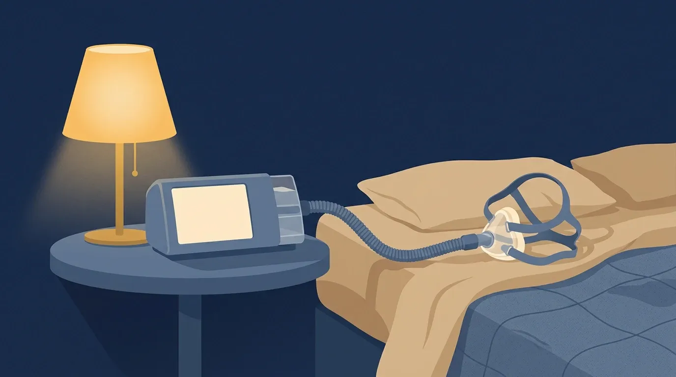 Ilustração de um aparelho de CPAP na mesa de cabeceira, ao lado do abajur aceso, com a traqueia atravessando até a máscara largada sobre a cama