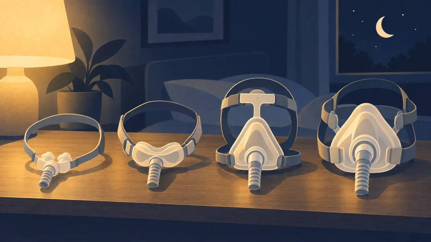 Ilustração de quatro máscaras de CPAP lado a lado sobre uma mesa de madeira: pillow, nasal sob o nariz, nasal com apoio de testa e oronasal