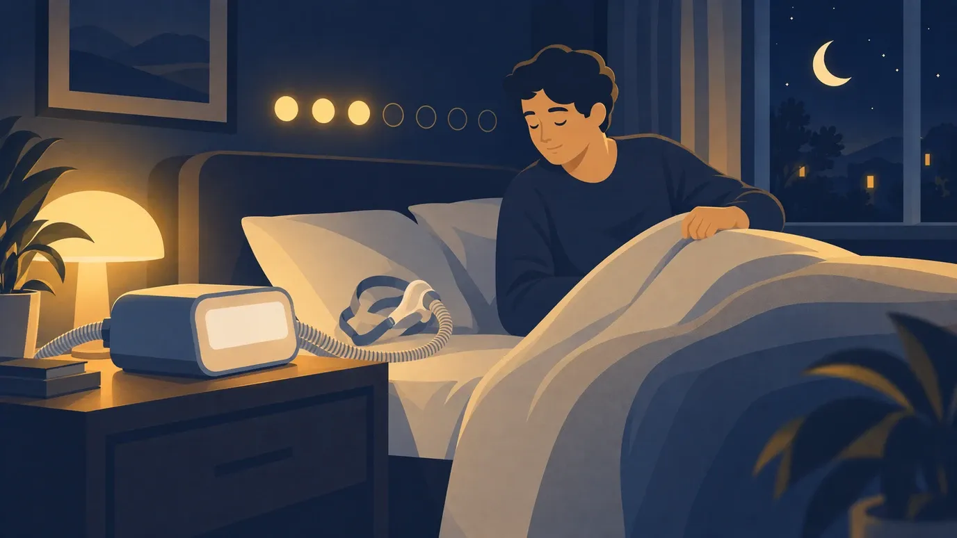 Ilustração de uma pessoa se deitando à noite ao lado do aparelho de CPAP, com uma fileira de pontos dourados na parede como um marcador de hábito