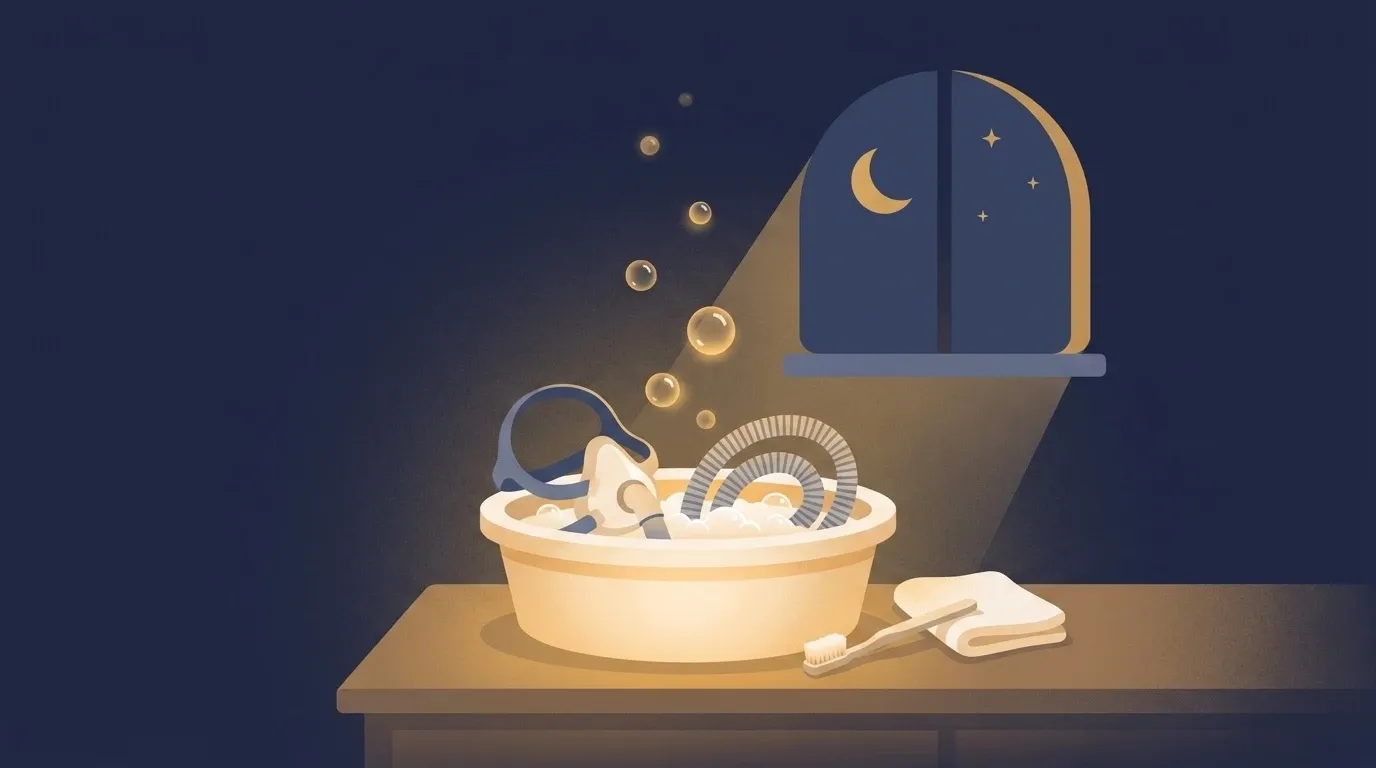 Ilustração de uma bacia com espuma onde estão de molho a máscara e a traqueia do CPAP, com escova de dente e flanela ao lado, sob a luz da lua