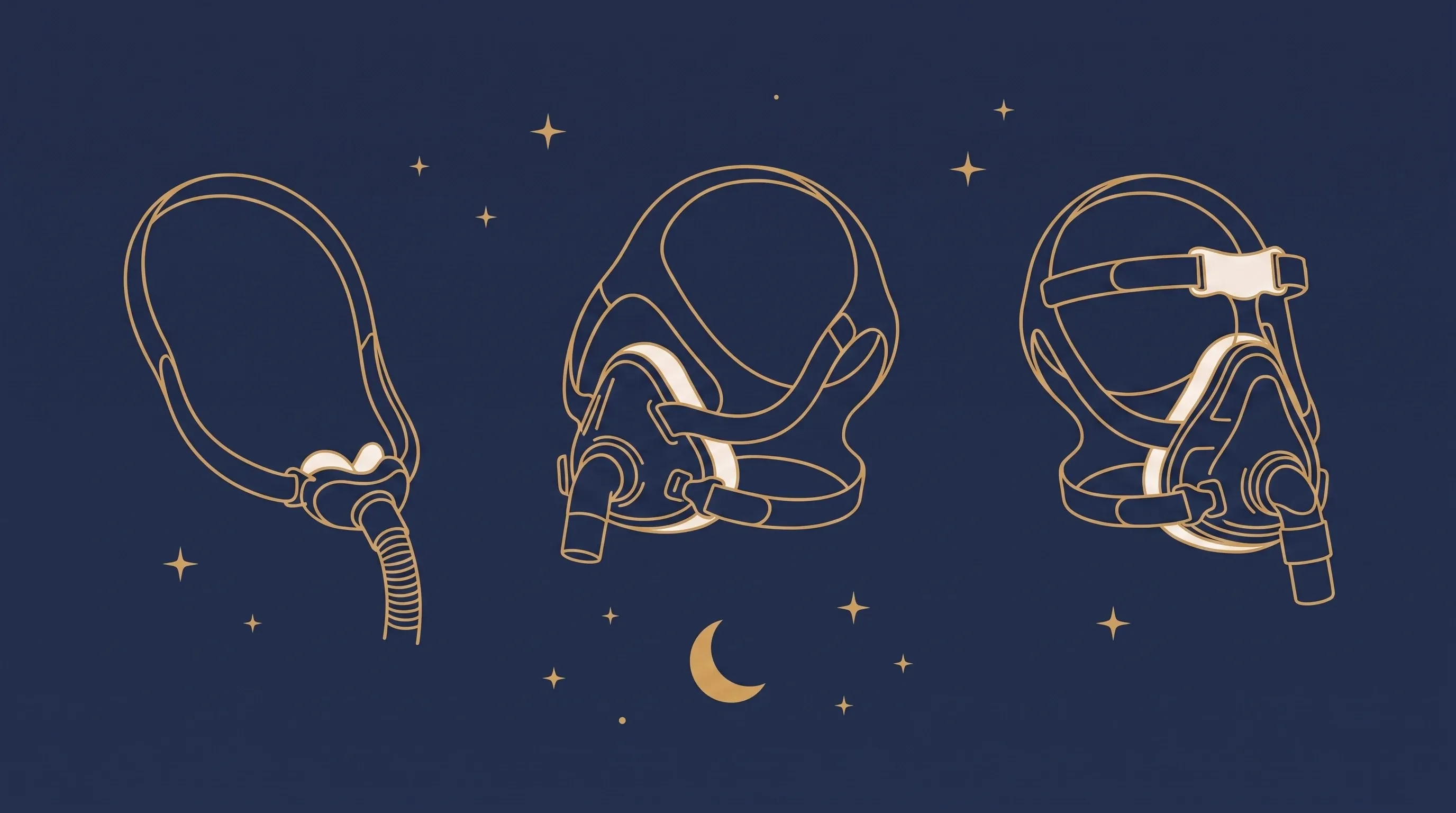 Ilustração de três tipos de máscara de CPAP lado a lado: pillow nasal, nasal e oronasal