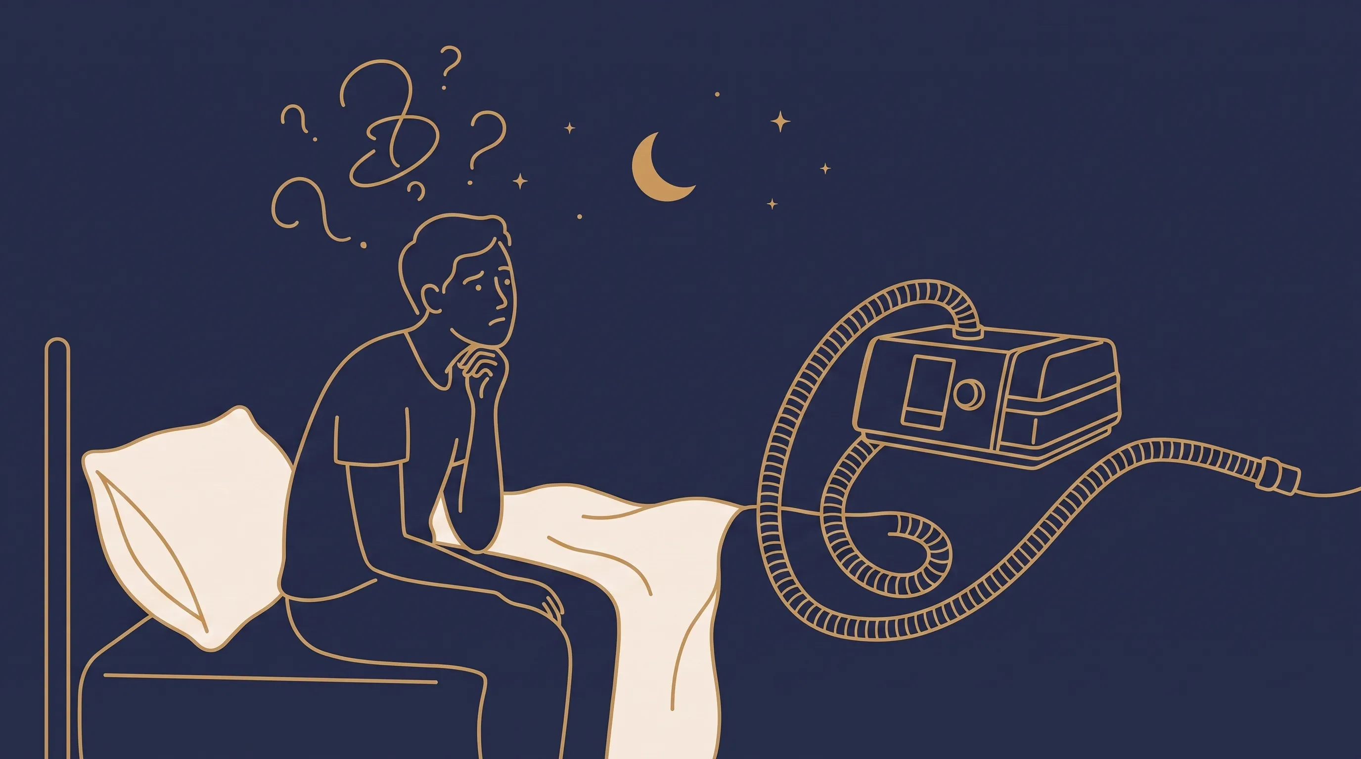 Ilustração de uma pessoa sentada na beira da cama olhando para um aparelho de CPAP com ar de dúvida