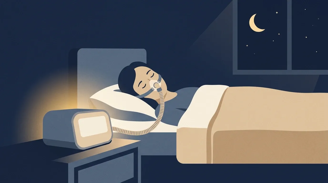 Ilustração de uma pessoa dormindo tranquila de lado com máscara nasal de CPAP, ligada ao aparelho aceso na mesa de cabeceira, com a lua e as estrelas na janela
