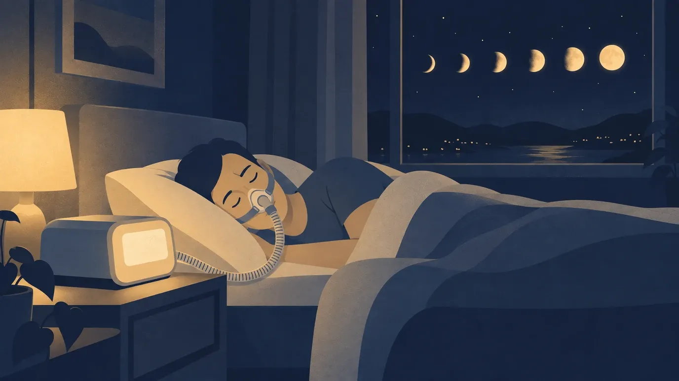 Ilustração de uma pessoa dormindo de lado com máscara nasal de CPAP, o aparelho na mesa de cabeceira e sete luas na janela, da crescente à cheia