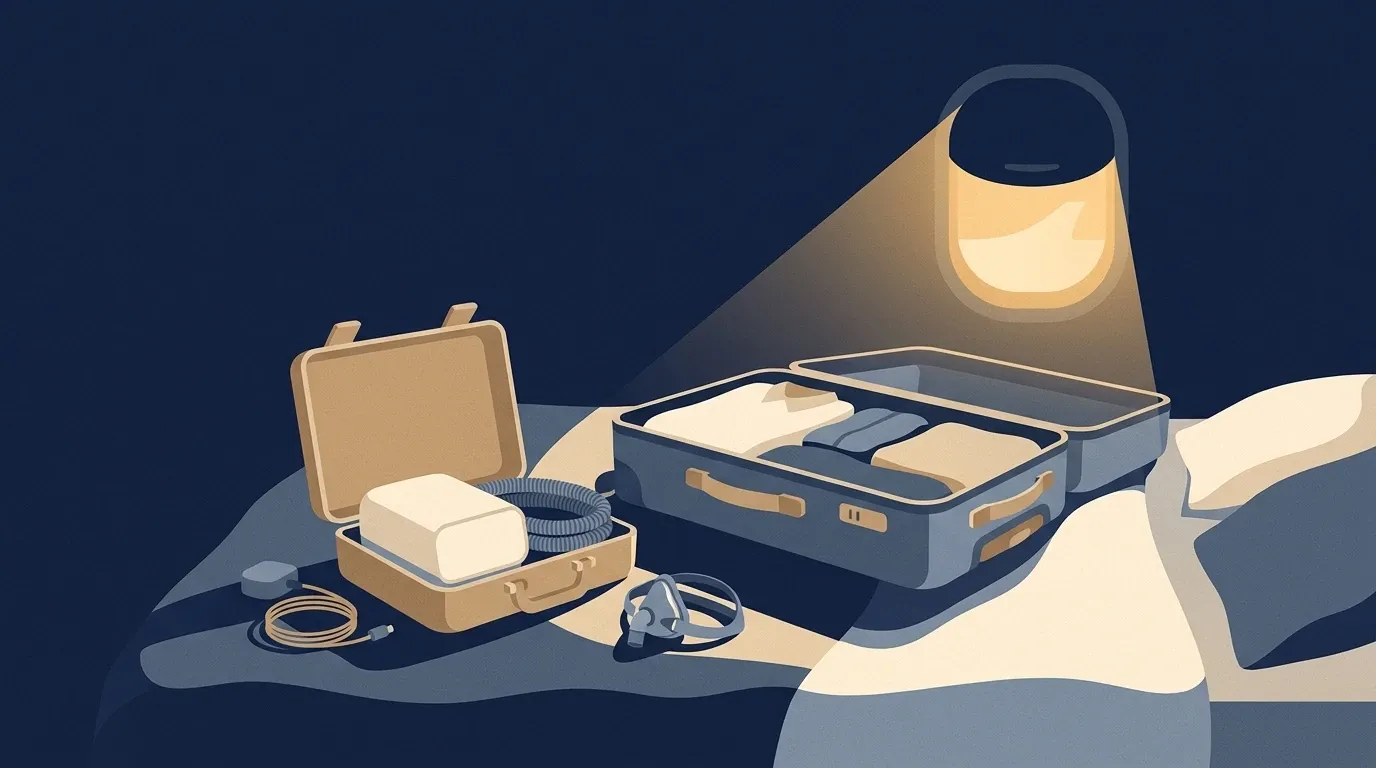 Ilustração de uma mala de bordo arrumada sobre a cama, ao lado da maleta do CPAP aberta com o aparelho, a traqueia enrolada, a máscara e o adaptador de tomada, sob a janela iluminada de um avião