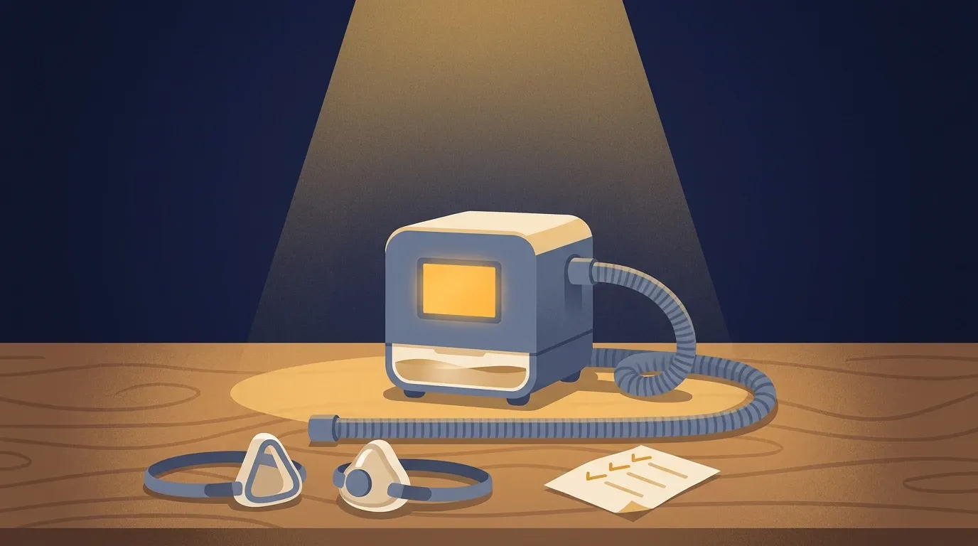 Ilustração de um aparelho de CPAP com umidificador e traqueia sobre a bancada, ao lado de duas máscaras de modelos diferentes e uma lista de conferência