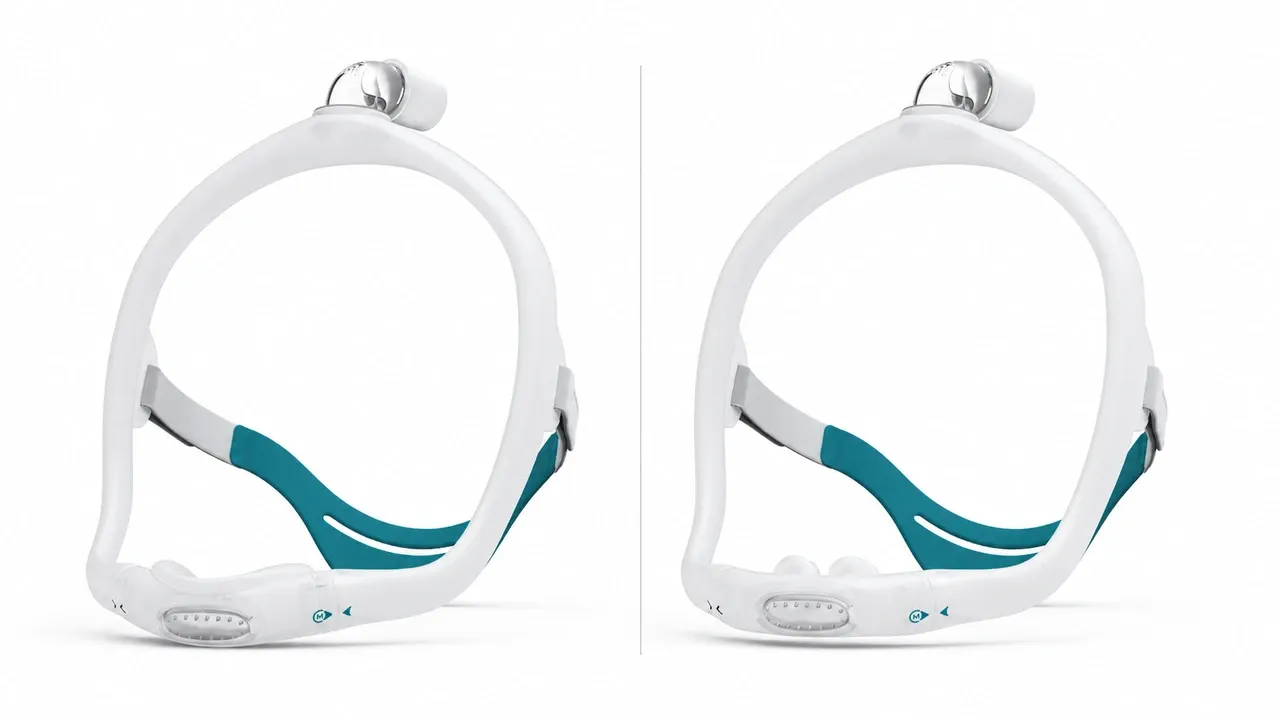 As máscaras BMC N6S e P6S lado a lado, no mesmo tamanho: o mesmo headgear de silicone com faixa verde-azulada, uma com almofada nasal sob o nariz e a outra com as duas pontas pillow