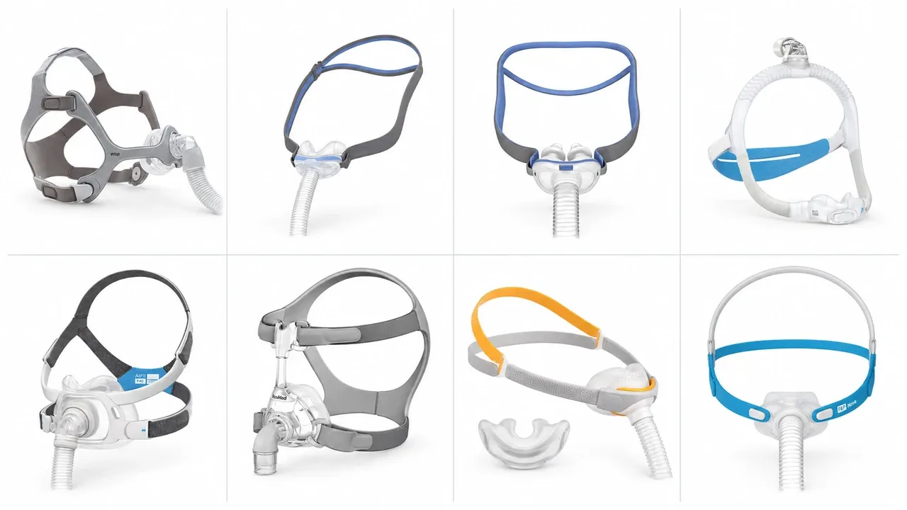 Oito máscaras de CPAP organizadas em duas fileiras de quatro, no mesmo tamanho: Wisp, N30, P10, N30i, F40, Mirage FX, Solo e Nova Micro
