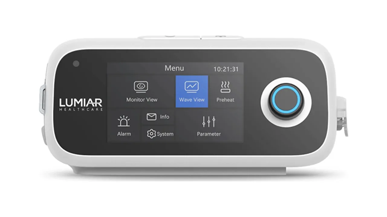 Aparelho de CPAP Lumiar R20i visto de frente, com a tela grande e o botão giratório de navegação